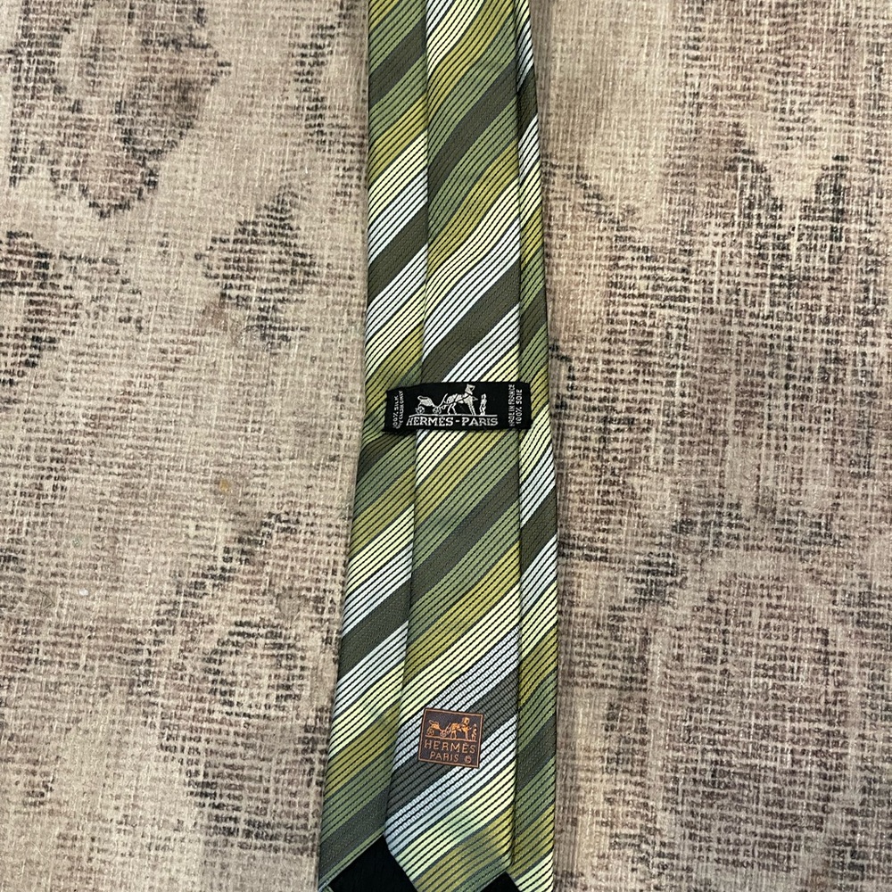 HERMES Tie 100% silk all-over pattern green/gray stripe pattern made in France - Picture 7 of 12
